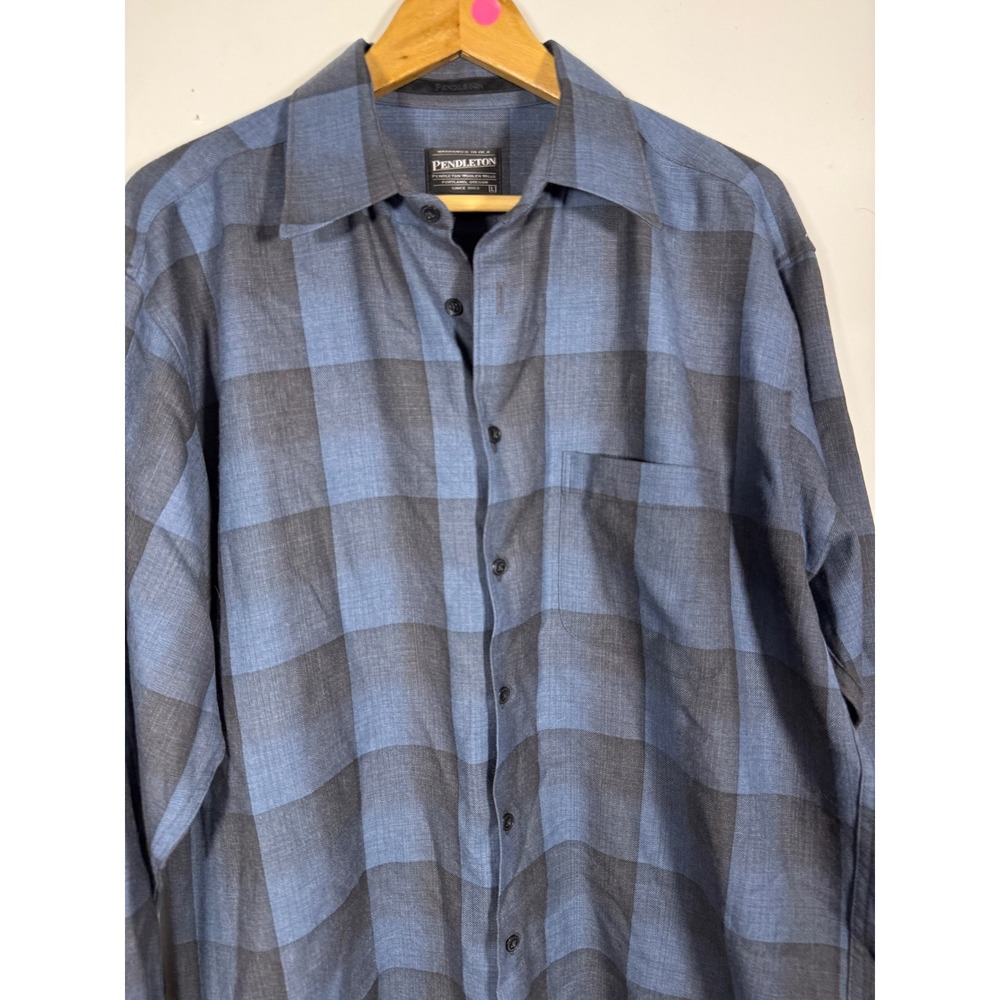 Pendleton Zephyr Shirt Mens L Blue Black Plaid Worsted Wool Button Up LS